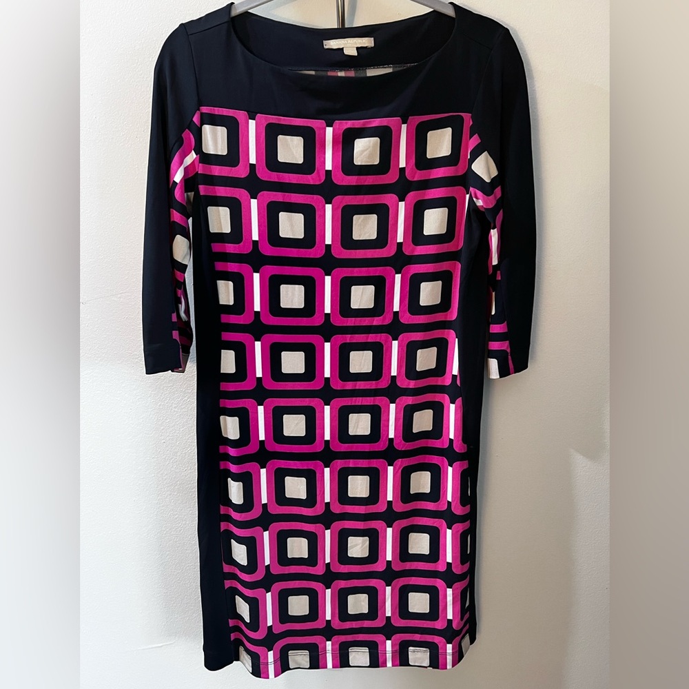 Banana Republic Navy Pink Cream Geometric Print 3/4 Sleeve Dress